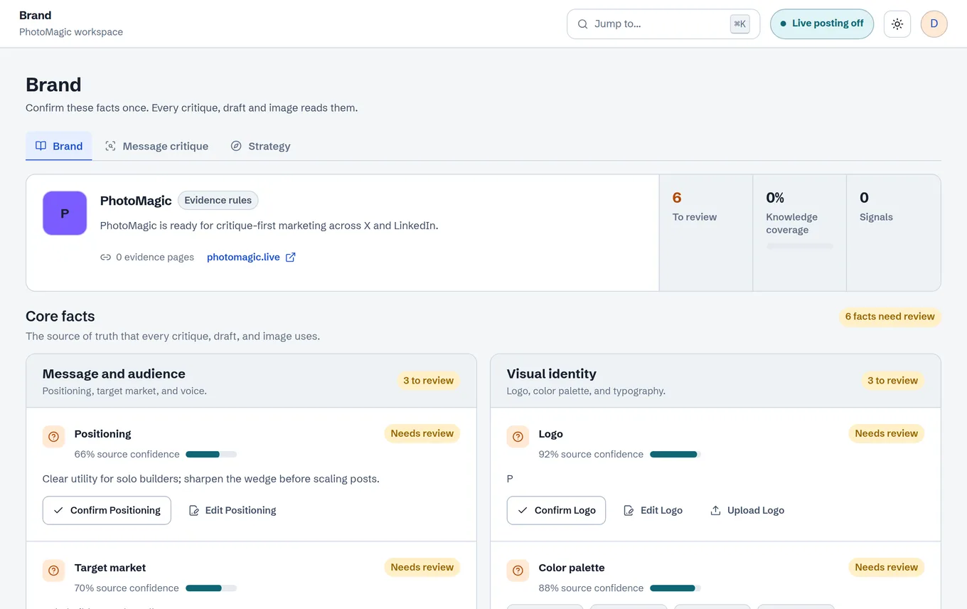 The Brand screen listing positioning, target market, logo and colour palette, each with a source-confidence bar and a Confirm button. Seeded example workspace, not customer data.