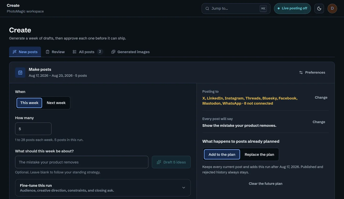The Create run sheet asking when to post, how many posts, and what the week is about, beside the channels the brand posts to. Seeded example workspace, not customer data.