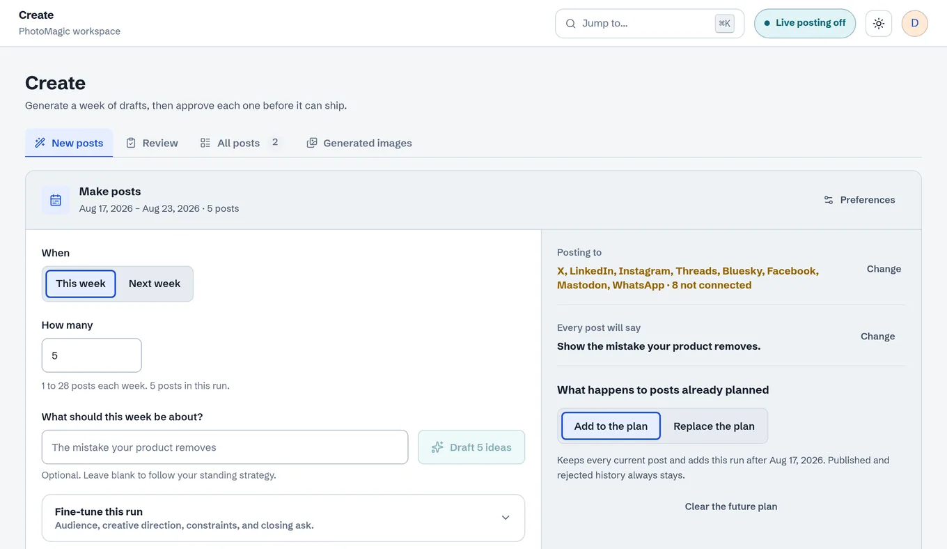 The Create run sheet asking when to post, how many posts, and what the week is about, beside the channels the brand posts to. Seeded example workspace, not customer data.