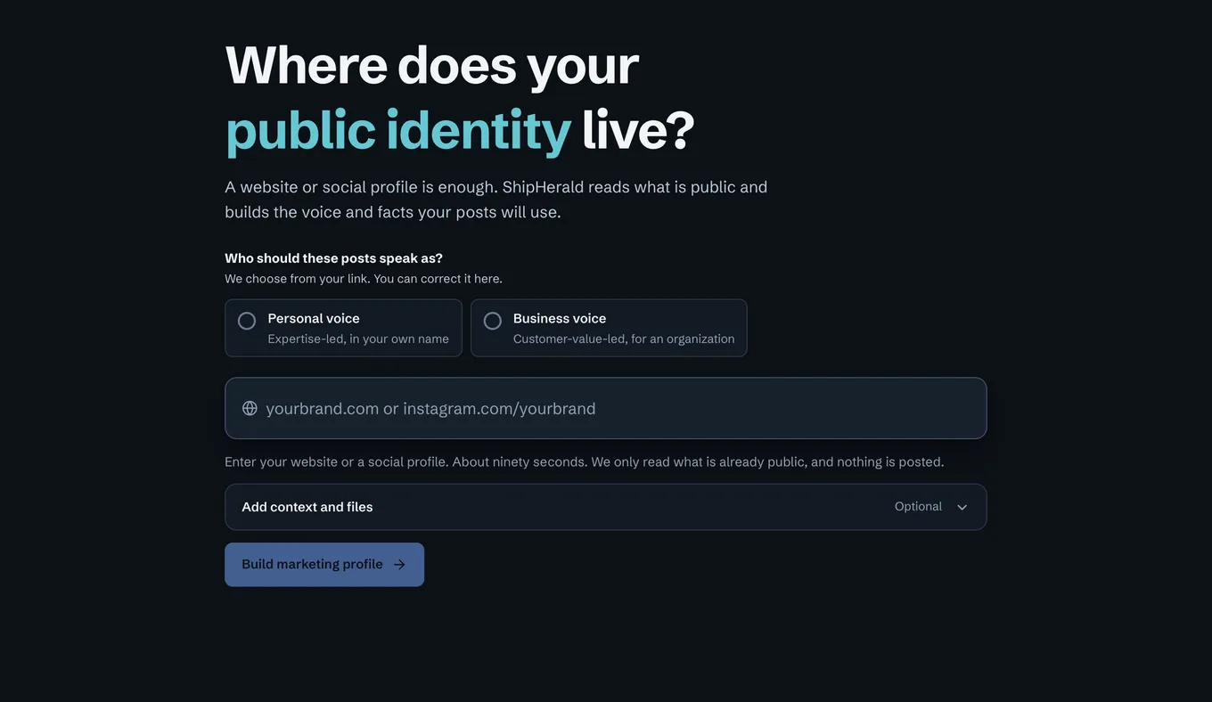 ShipHerald asking where a public identity lives, with Personal voice and Business voice offered as two equal choices above a single address field. Seeded example workspace, not customer data.