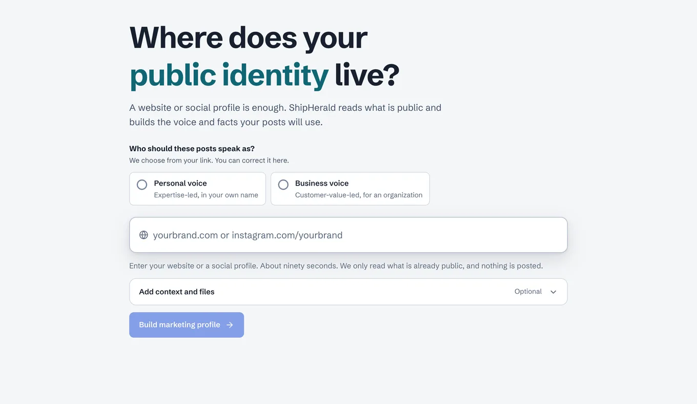 ShipHerald asking where a public identity lives, with Personal voice and Business voice offered as two equal choices above a single address field. Seeded example workspace, not customer data.